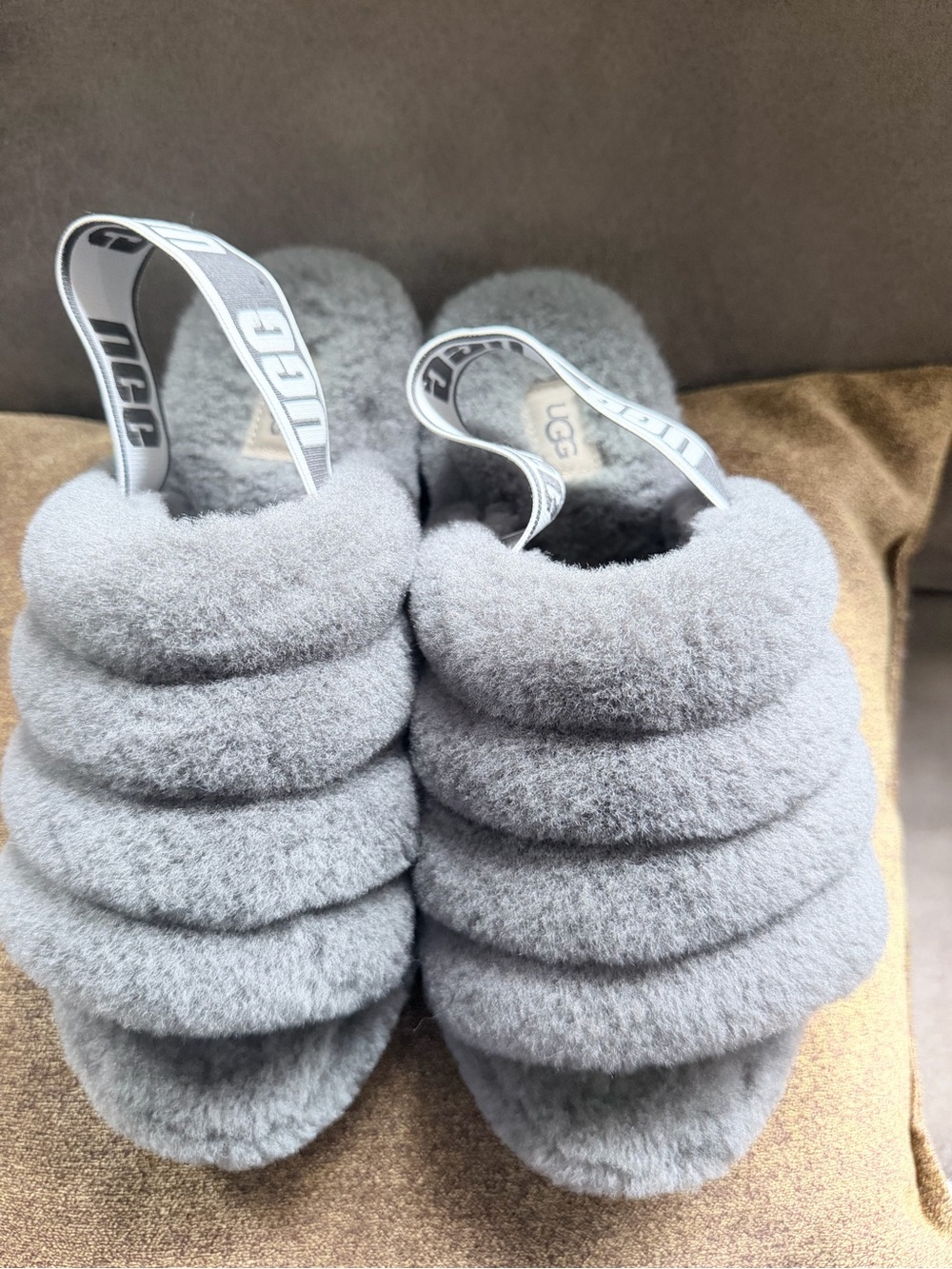 UGG Women's Grey Fluff Slide with Logo Slingback